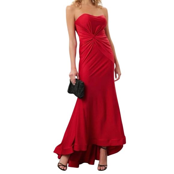 Vaviana Red Strapless Twist Front Satin Maxi Gown Women’s Size 0 - Picture 2 of 8
